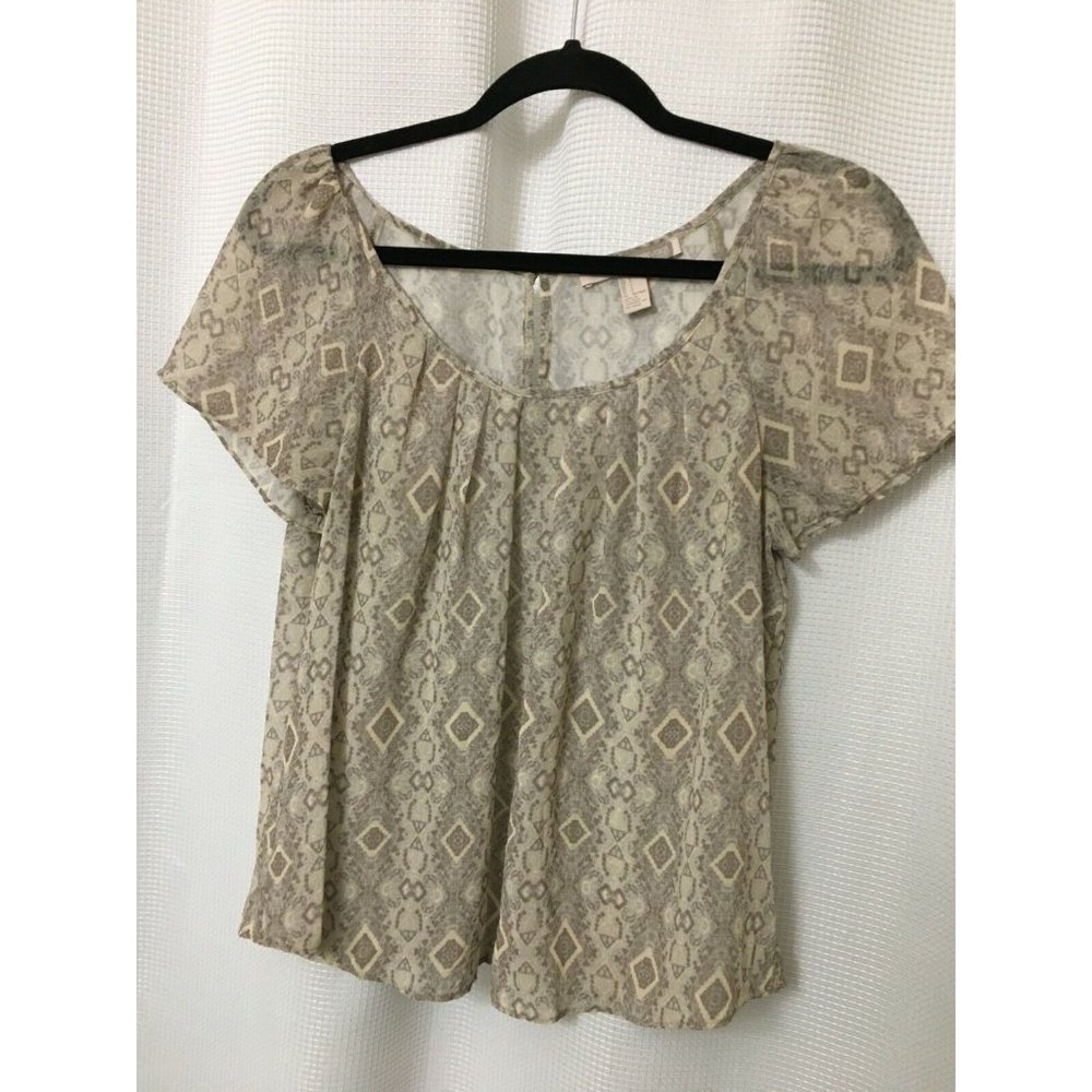 Forever 21 Sheer Blouse Top Women's Small Pleated Neck Taupe Beige A5